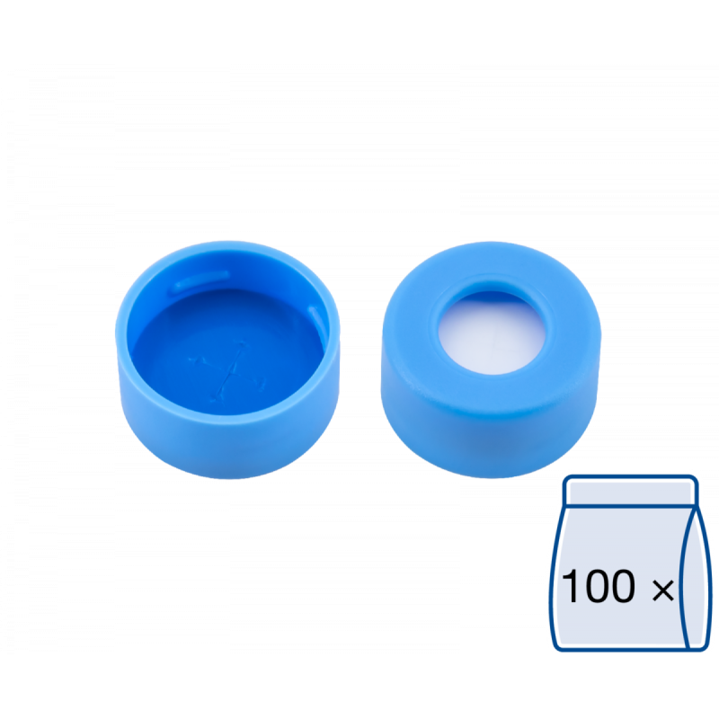 N 11 PE snap ring cap, soft, light blue, center hole Silicone white/PTFE blue, cross-slit Hardness: 55° shore A Thickness: 1.0 mm pack of 100