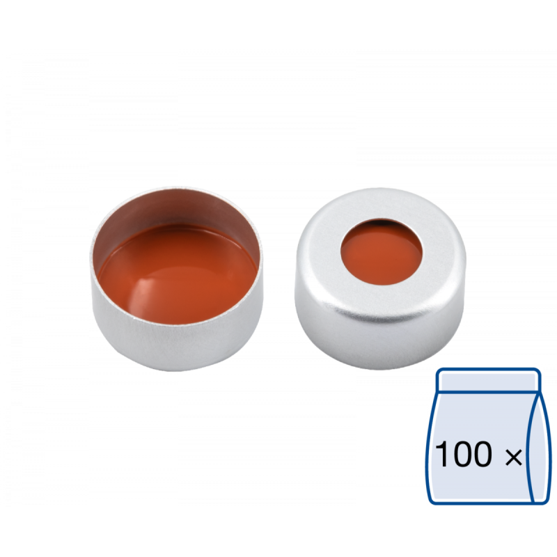 N 11 Aluminium crimp cap, silver, center hole Red Rubber/FEP colorless Hardness: 45° shore A Thickness: 1.0 mm pack of 100