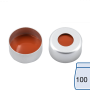 N 11 Aluminium crimp cap, silver, center hole Red Rubber/FEP colorless Hardness: 45° shore A Thickness: 1.0 mm pack of 100
