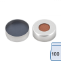 N 20 Aluminium crimp cap, silver, center hole Butyl red/PTFE gray Hardness: 50° shore A Thickness: 3 mm pack of 100