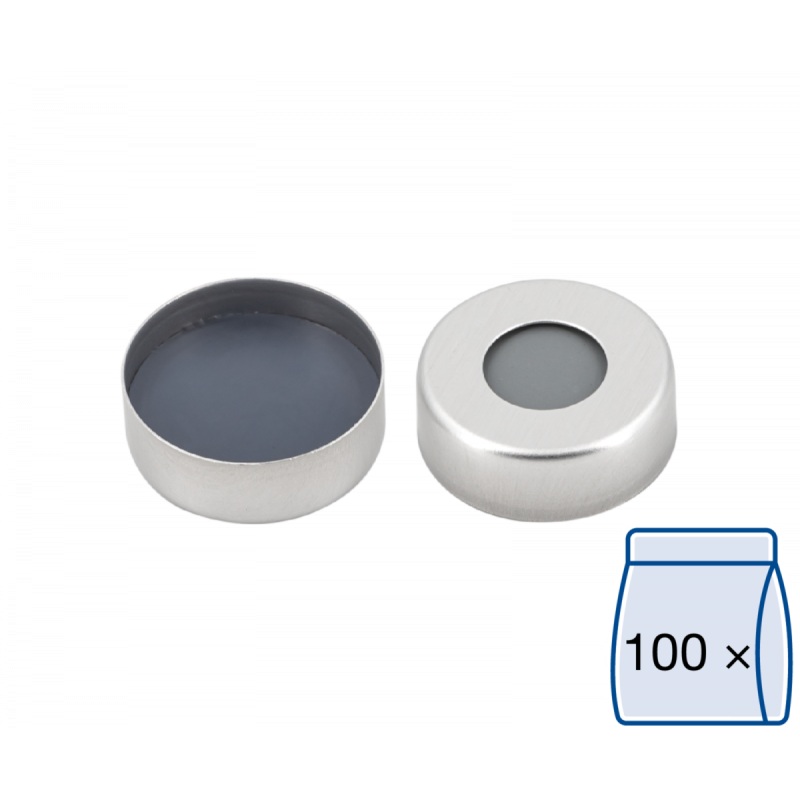 N 20 Aluminium crimp cap, silver, center hole Butyl light gray/PTFE dark gray Hardness: 50° shore A Thickness: 3 mm pack of 100