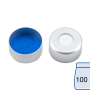 N 11 Aluminium crimp cap, silver, center hole Silicone white/PTFE blue, cross-slit Hardness: 55° shore A Thickness: 1.5 mm pack of 100