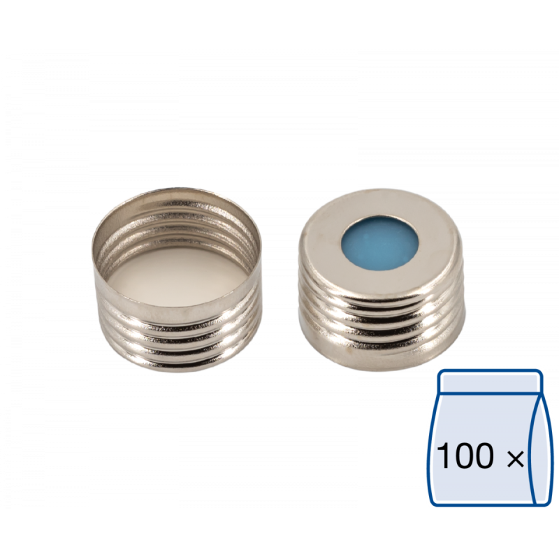 N 18 magnetic screw cap, silver, center hole Silicone blue transparent/PTFE white Hardness: 45° shore A Thickness: 1.5 mm pack of 100
