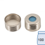 N 18 magnetic screw cap, silver, center hole Silicone blue transparent/PTFE white Hardness: 45° shore A Thickness: 1.5 mm pack of 100