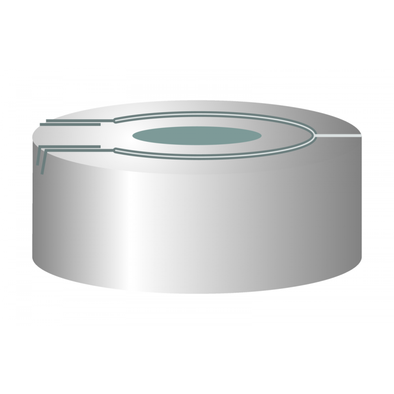 N 20 Aluminium pressure release safety cap, silver, center hole Butyl light gray/PTFE dark gray Hardness: 50° shore A Thickness: 3 mm pack of 100