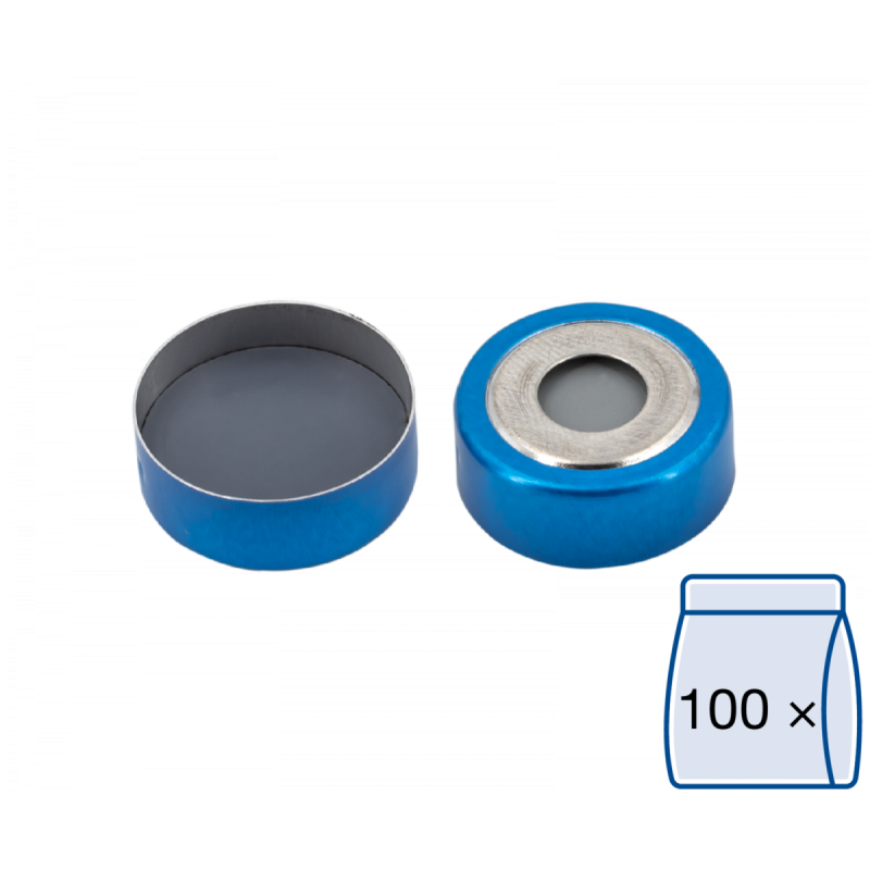 N 20 bimetal crimp cap, blue/silver, center hole Butyl light gray/PTFE dark gray Hardness: 50° shore A Thickness: 3 mm pack of 100