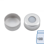 N 11 Aluminium crimp cap, silver, center hole PTFE virginal, white Hardness: 53° shore D Thickness: 0.25 mm pack of 100