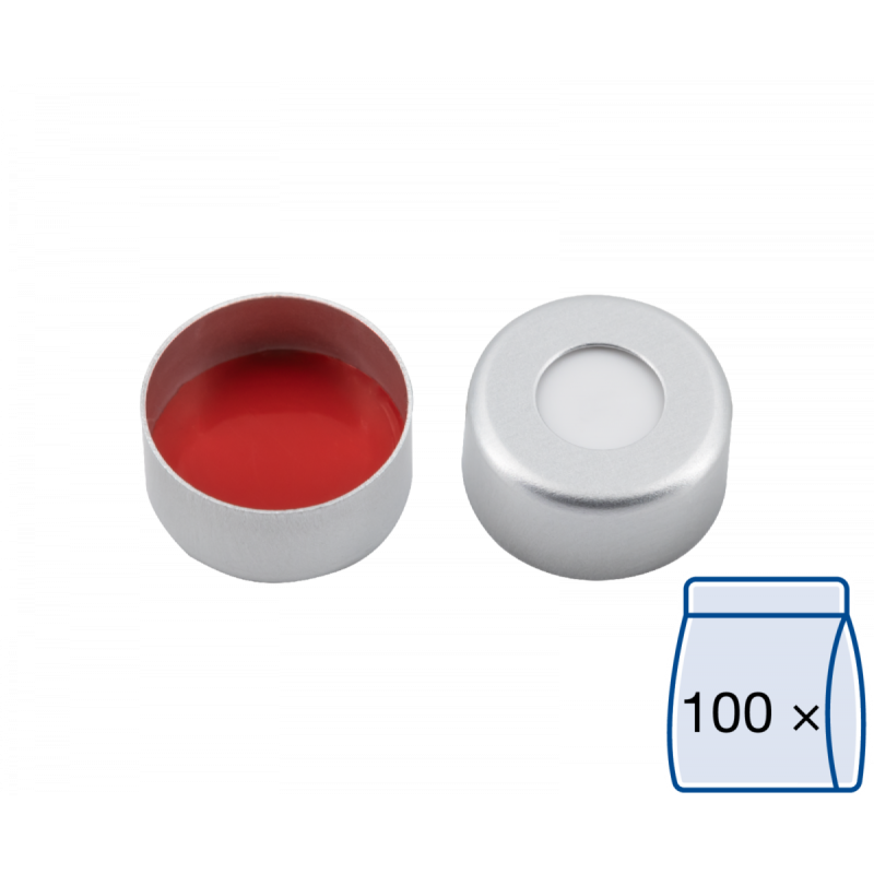 N 11 Aluminium crimp cap, silver, center hole Silicone white/PTFE red Hardness: 45° shore A Thickness: 1.3 mm pack of 100