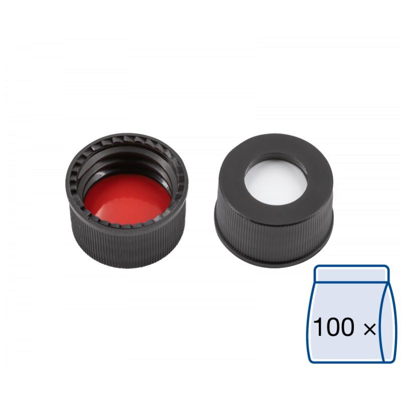 N 13 PP screw cap, black, center hole Silicone white/PTFE red Hardness: 45° shore A Thickness: 1.3 mm pack of 100