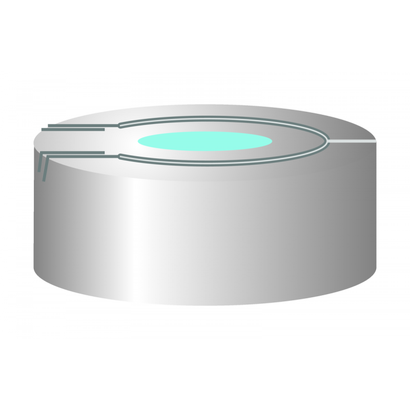 N 20 Aluminium pressure release safety cap, silver, center hole Silicone blue transparent/PTFE colorless Hardness: 45° shore A Thickness: 3 mm pack of 100