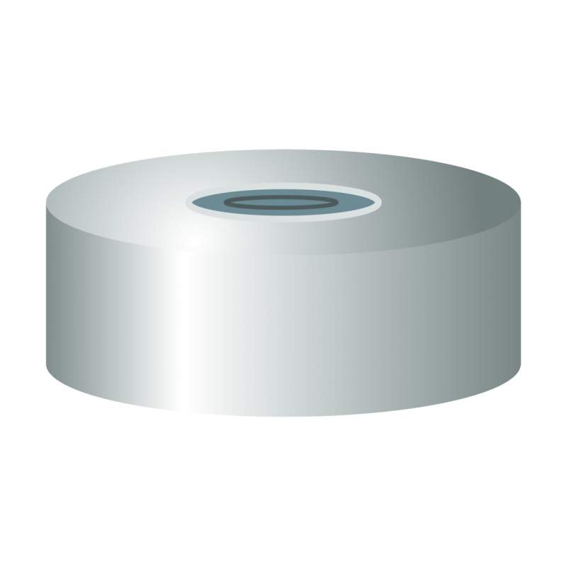 N 20 Magnetic crimp cap, silver, 8 mm center hole Butyl dark gray/centrical PTFE-lamination gray Hardness: 50° shore A Thickness: 3 mm pack of 100