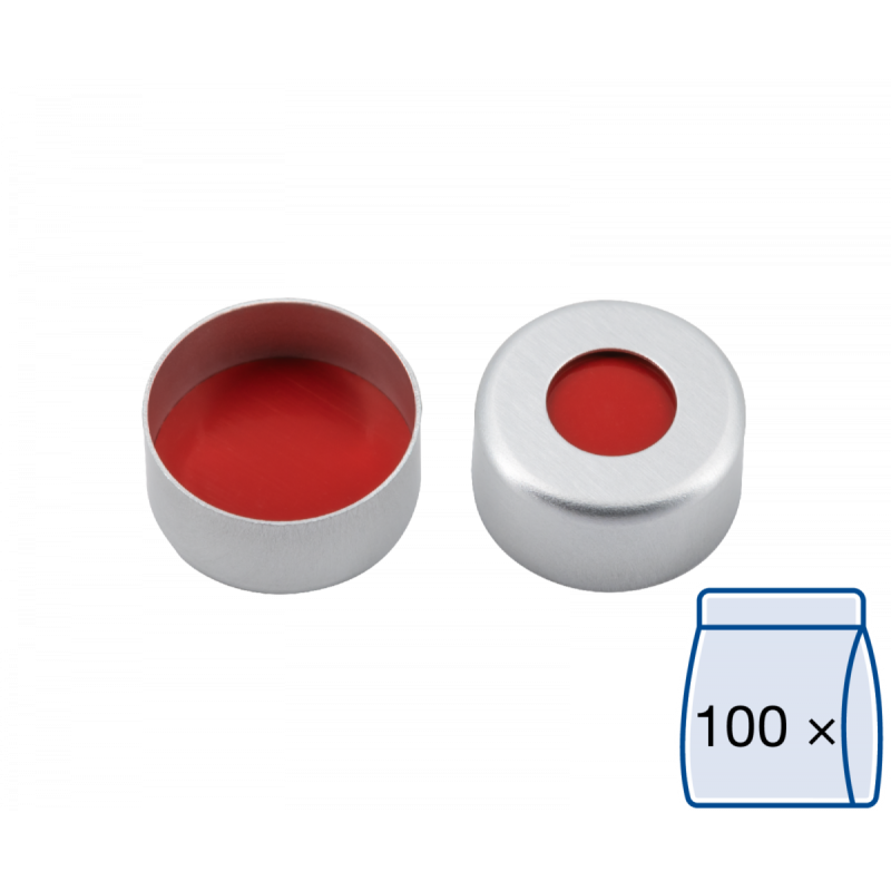 N 11 Aluminium crimp cap, silver, center hole PTFE red/Silicone white/PTFE red Hardness: 50° shore A Thickness: 1.0 mm pack of 100