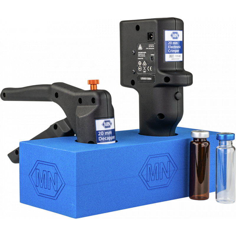 Rack for 2 crimping tools either of type ergonomic crimping tool (manual) or of type battery-powered electronic crimping tool blue, with MN logo, Dimensions approx. 240 x 95 x 65 mm pack of 1