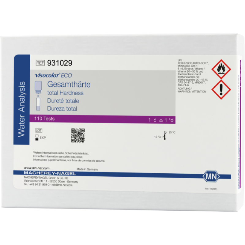 VISOCOLOR ECO Total Hardness titrimetric test kit measuring range: 1 drop = 1.25 °e sufficient for 110 determinations