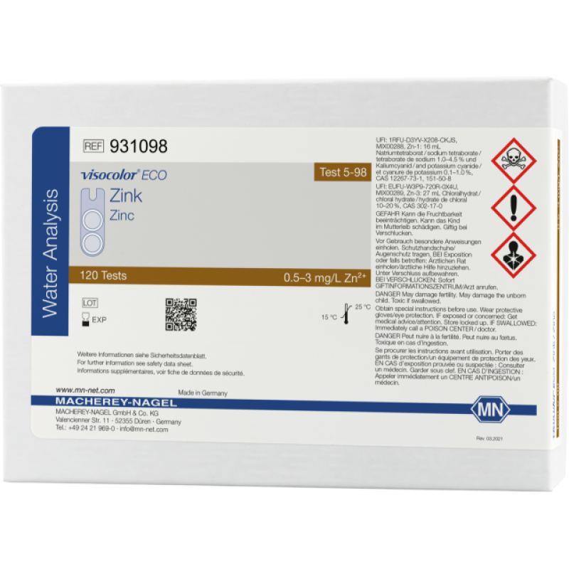 VISOCOLOR ECO Zinc colorimetric test kit measuring range: 0.5-3 mg/L Zn2+ sufficient for 120 determinations