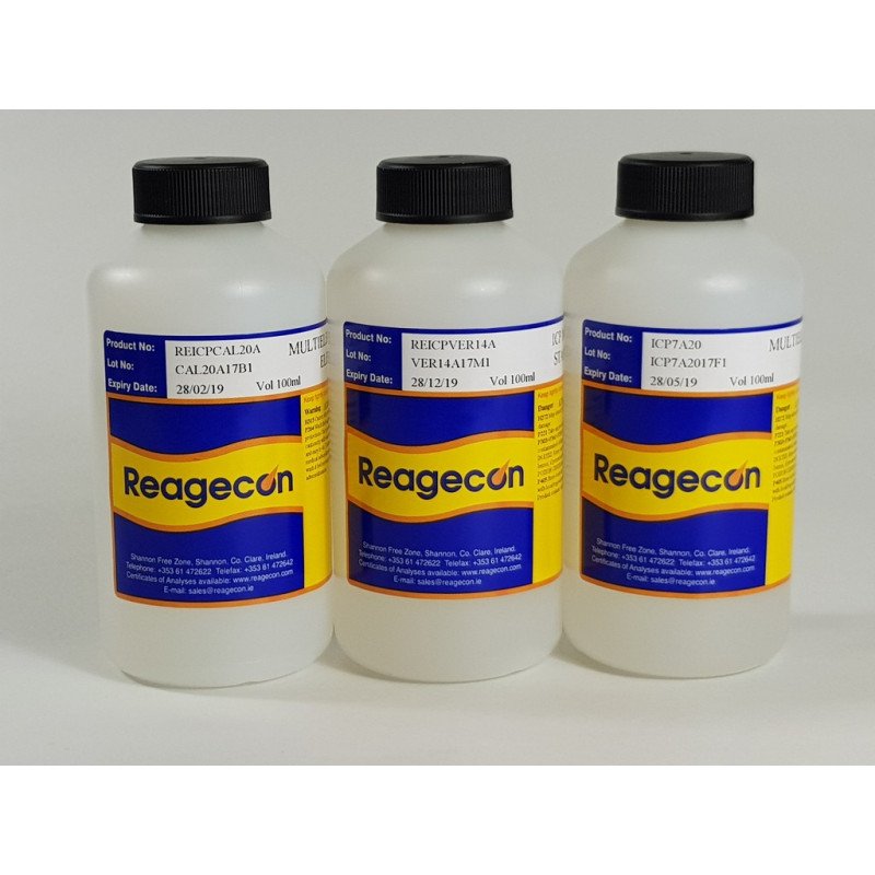 Reagecon ICP, ICP-MS Multi Element Standard (3 Elements) in 2-5% Nitric Acid (HNO₃) and trace Hydrofluoric Acid (HF)