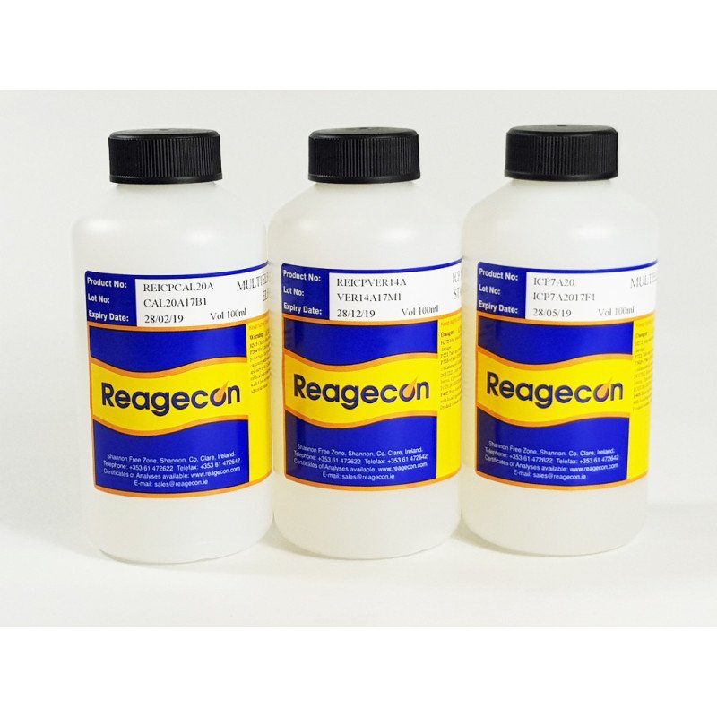 Reagecon ICP, ICP-MS Multi Element Standard (6 Elements) in 2-5% Nitric Acid (HNO₃) and trace Hydrochloric Acid (HCl)