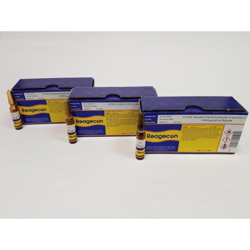 Reagecon Fatty Acid Methyl Ester (FAME) 8 Compound Mix Method A Reference Solution in n-Heptane according to European Pharmacopoeia (EP) Chapter 2.4.22, Table 3