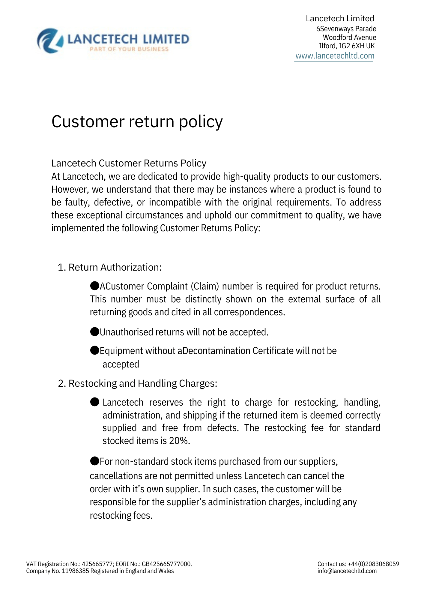 Customer Returns Policy Statement