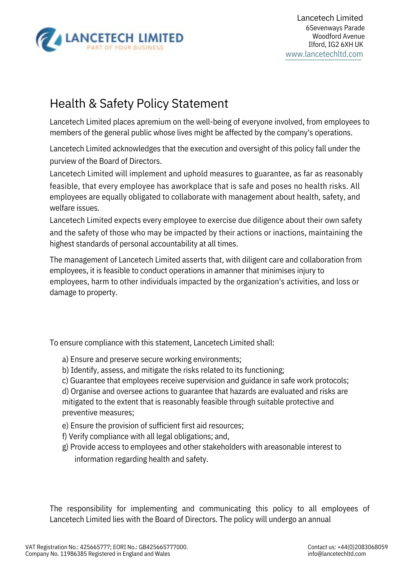 Health and Safety Policy Statement